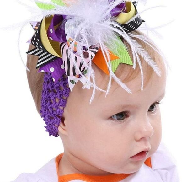 2 Pack Baby Halloween Headband, Elastic Feather Bowknot Hair Band Fits for Baby - Picture 2 of 7